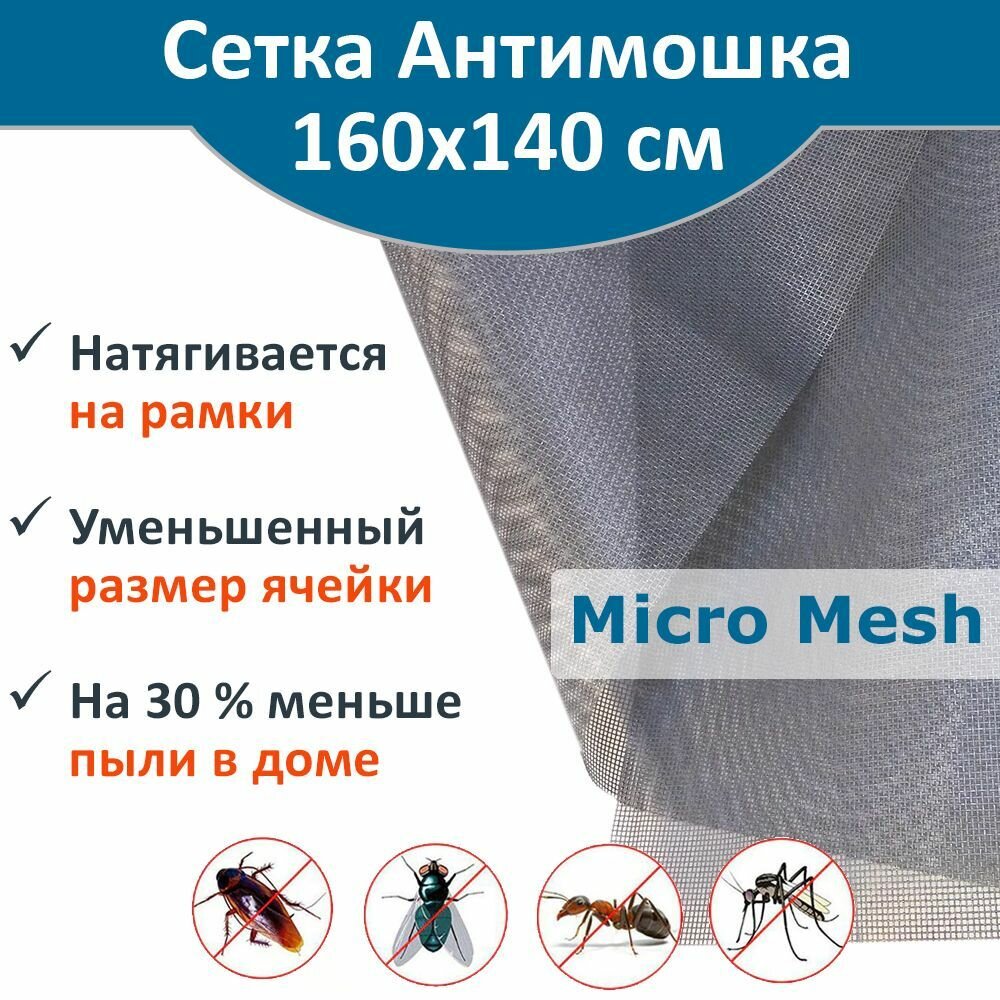 Сетка москитная Micro Mesh Антимошка 160 х 140 см, цвет серый