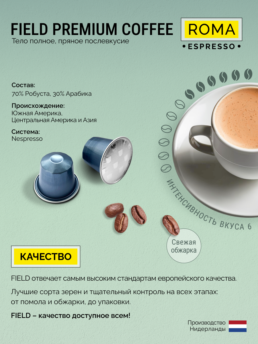 Кофе в капсулах Nespresso 20 шт алюминиевых капсул, молотый Field Premium Coffee Espresso Roma. Интенсивность вкуса 6 — фото 1