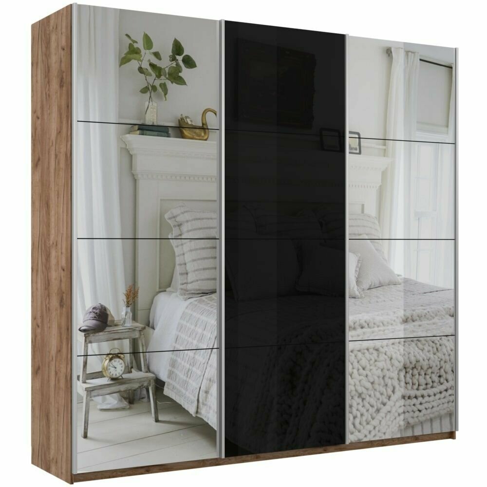 фото Шкаф-купе Прайм 3-x дв 240 x 230 x 57 2 Зеркала Черное стекло Крафт табачный Широкий с доводчиками