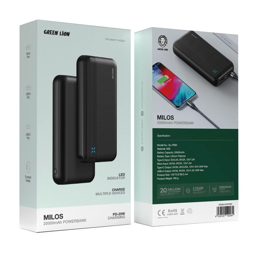 Портативный аккумулятор Green Lion Milos,20000 mAh, LED-индикатор, черный
