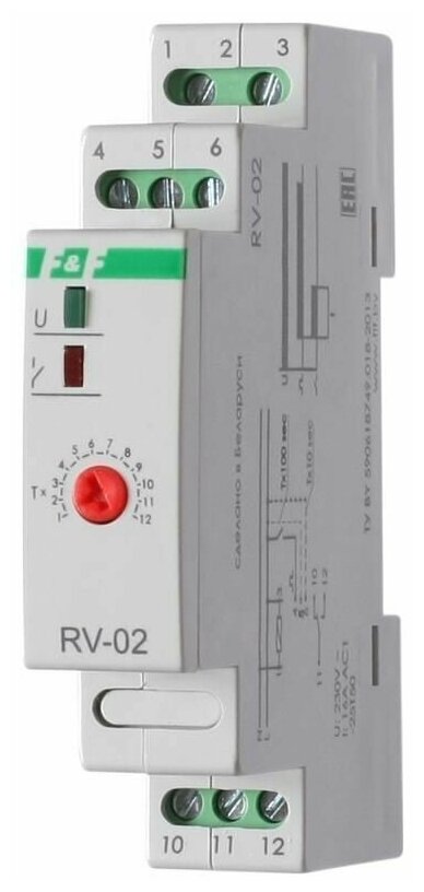 Реле времени RV-02 16А 1.120с 230В 1 перекл. IP20 задержка выключ. монтаж на DIN-рейке F&F EA02.001.008