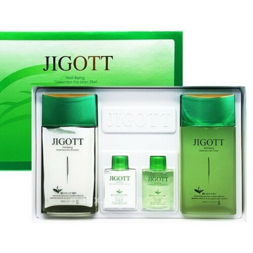 Jigott Подарочный набор для мужчин с экстрактом зеленого чая WELL-BEING GREENTE(тонер+эмульсия)Корея зеленый чай набор для ухода за лицом well being green tea skin care 3set