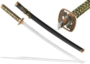 Фото Японская Катана меч сувенирный на подставке ножны черные матовые, бронзовая цуба