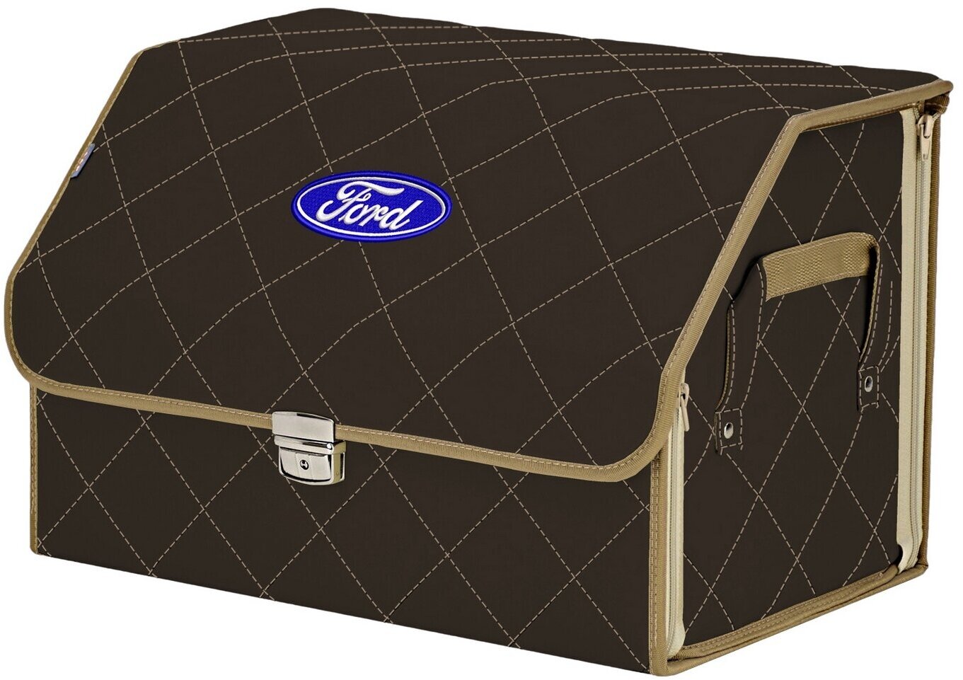 Органайзер-саквояж в багажник "Союз Премиум" (размер L). Цвет: коричневый с бежевой прострочкой Ромб и вышивкой Ford (Форд).