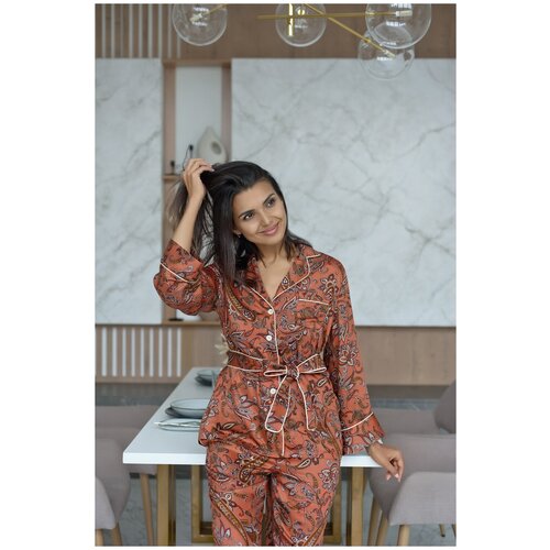 фото Пижама pijama story, рубашка, брюки, длинный рукав, карманы, пояс, пояс на резинке, размер m, коричневый