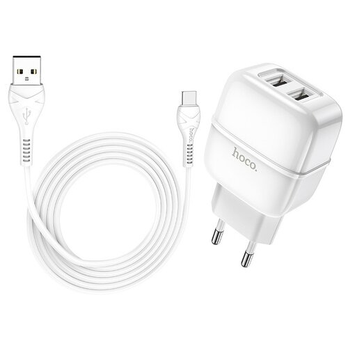 фото Зарядное устройство hoco c77a 2xusb 2.4a + кабель type-c white