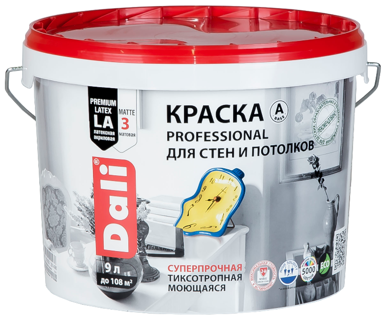 Краска акриловая DALI Professional для стен и потолков глубокоматовая белый 9 л