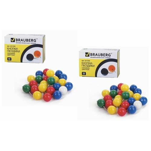 фото Силовые кнопки-гвоздики brauberg, цветные (шарики), 50 шт., в картонной коробке, 221550 (2 штуки) 221550-2