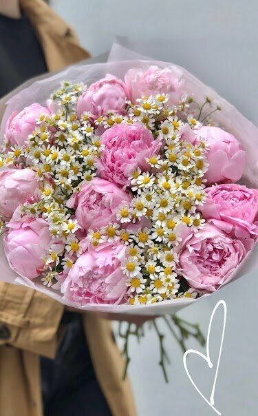 Букет ромашек " Розовая мечта" пионы розовые, красивый букет цветов, пионов, шикарный, цветы премиум.