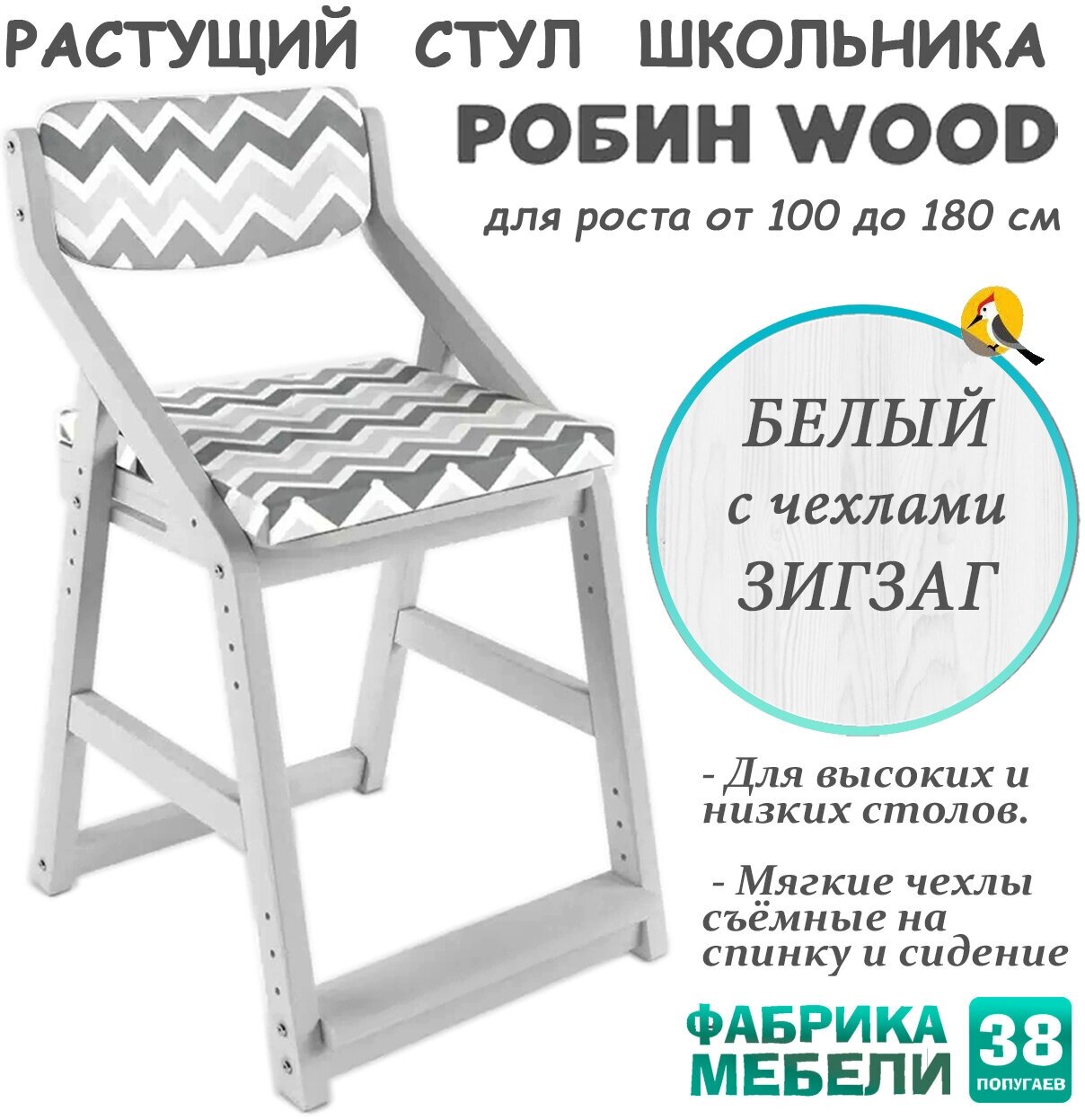 Детский растущий стул школьника Робин Wood (38 Попугаев), Белый/зигзаг