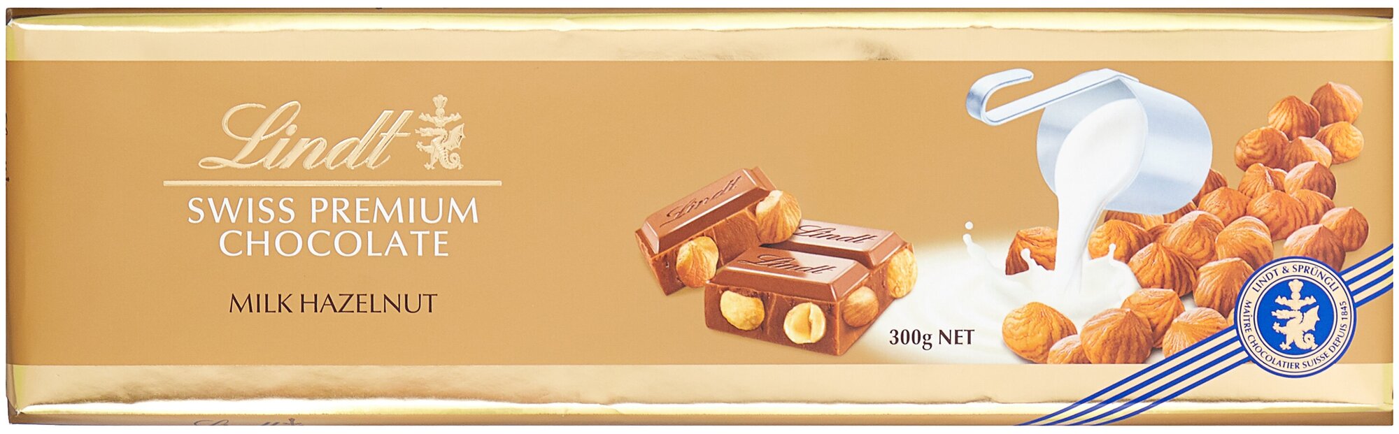 Шоколад Lindt Gold Swiss Premium Milk - Hazelnut Chocolate / Линд Премиум Молочный с цельным фундуком, 300 гр (Швейцария)