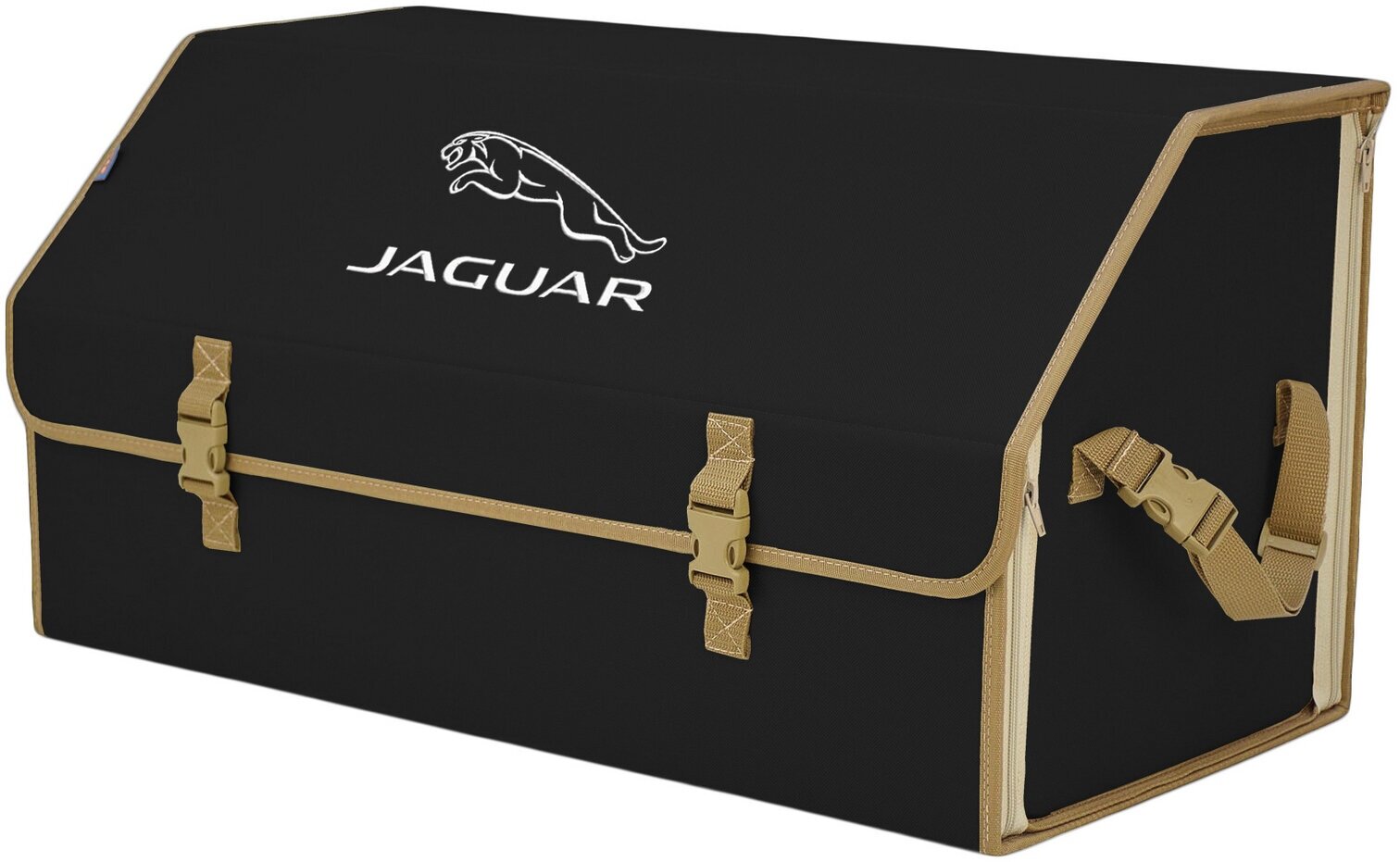 Органайзер-саквояж в багажник "Союз" (размер XL Plus). Цвет: черный с бежевой окантовкой и вышивкой Jaguar (Ягуар).