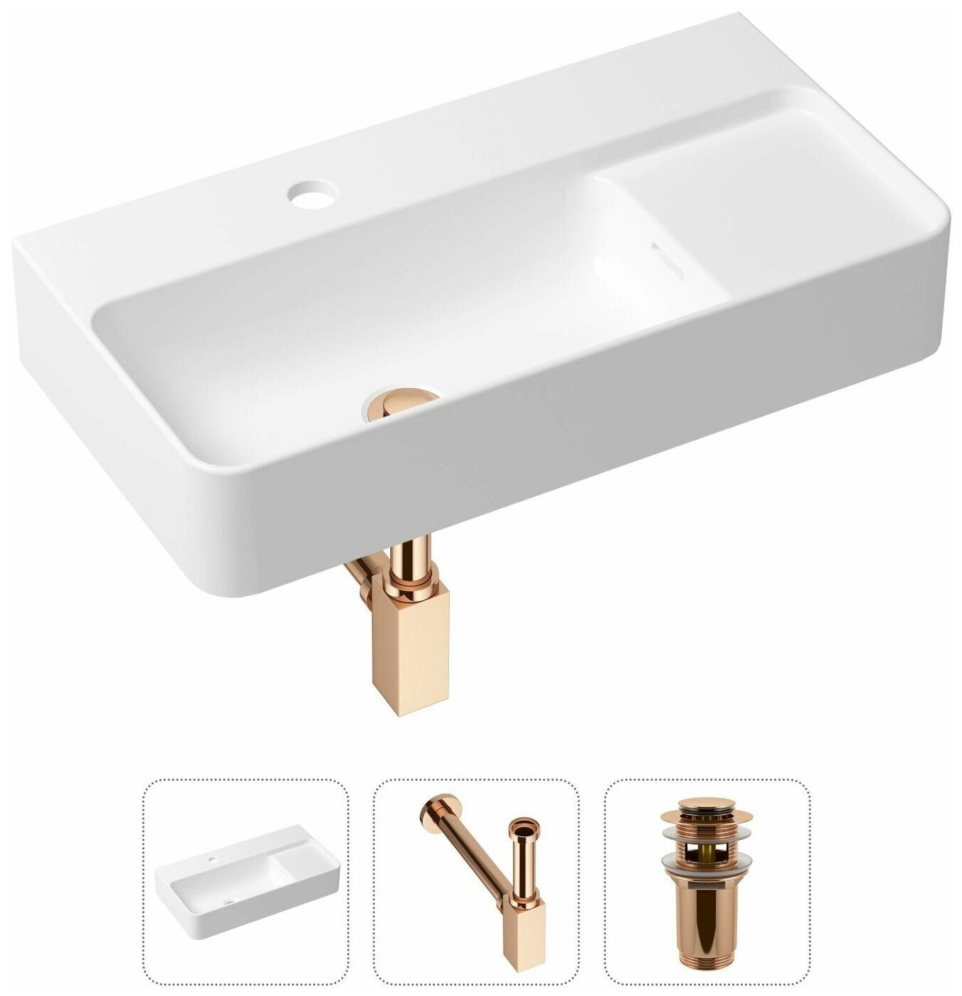 Накладная раковина в ванную Lavinia Boho Bathroom Sink Slim 21520508 в комплекте 3 в 1: умывальник белый, донный клапан и сифон в цвете розовое золото