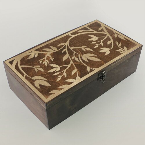Коробка для чайных пакетиков из дерева, чайница большая, 4 отделения с узором пейзаж листья - 1006