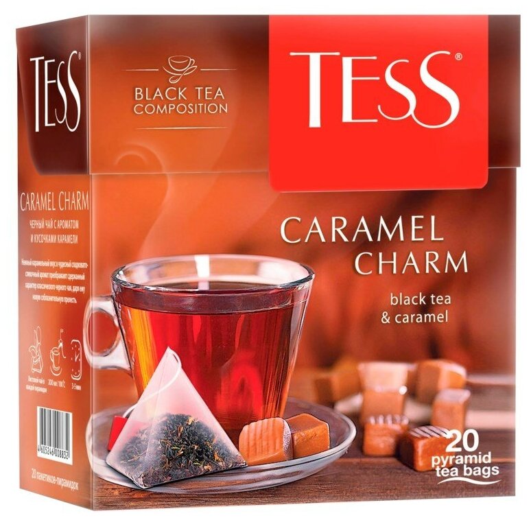 Чай Tess Caramel Charm черный с ароматом сливок, кусочками карамели и растительными компонентами 1.8*20 в пирамидках - фотография № 7