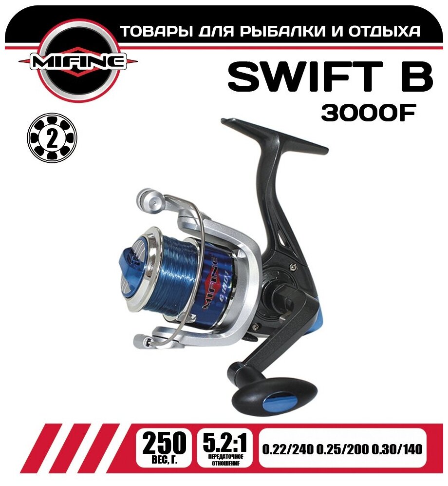 Катушка рыболовная MIFINE SWIFT B 3000F-2B синего цвета шпуля с леской для спиннинговой ловли для удочки