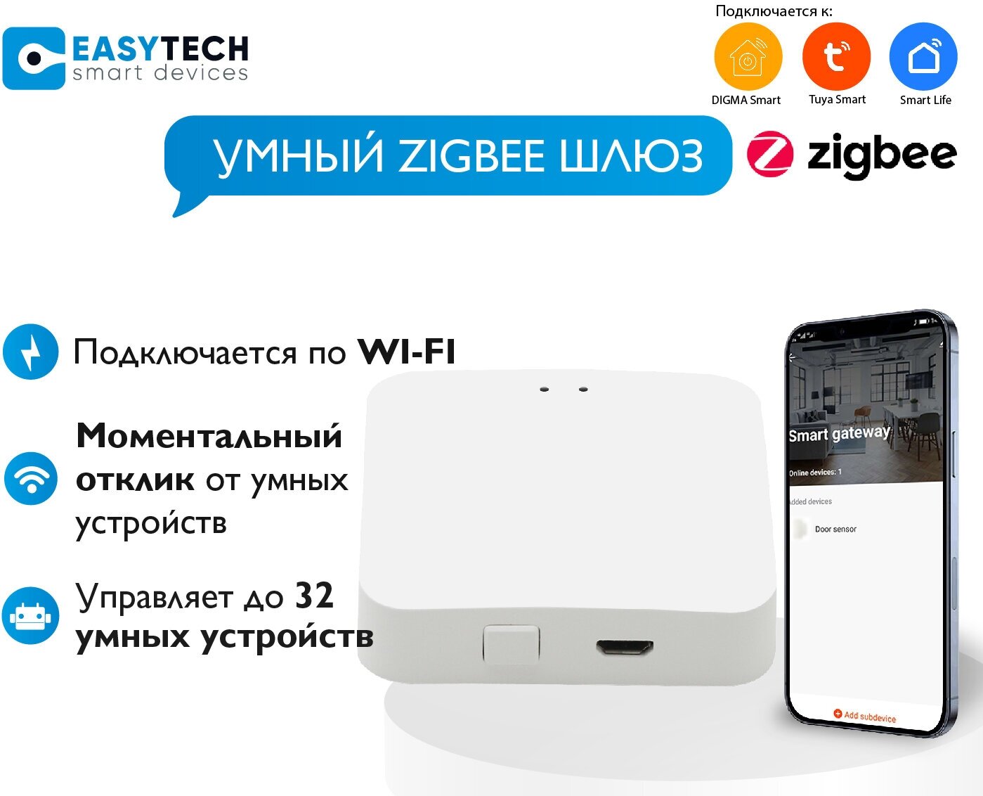 Умный шлюз Tuya ZigBee 3.0 Easy Tech / Хаб для умного дома /Беспроводной блок управления умным домом micro USB белый