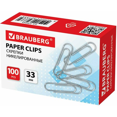 Скрепки BRAUBERG, 33 мм, никелированные, 100 шт, в картонной коробке, 270443, 270443