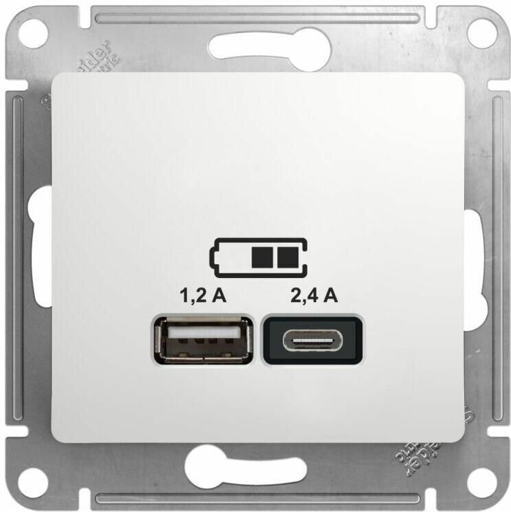 GLOSSA USB розетка A+С, 5В/2,4 А, 2х5В/1,2 А, механизм, белый , SCHNEIDER ELECTRIC GSL000139 (1 шт.) - фотография № 3