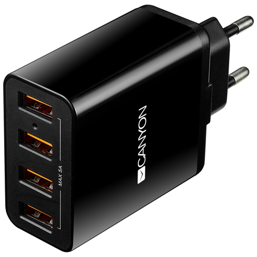 Сетевое зарядное устройство Canyon H-06, 4*USB, 5В-5A, Smart IC, черный
