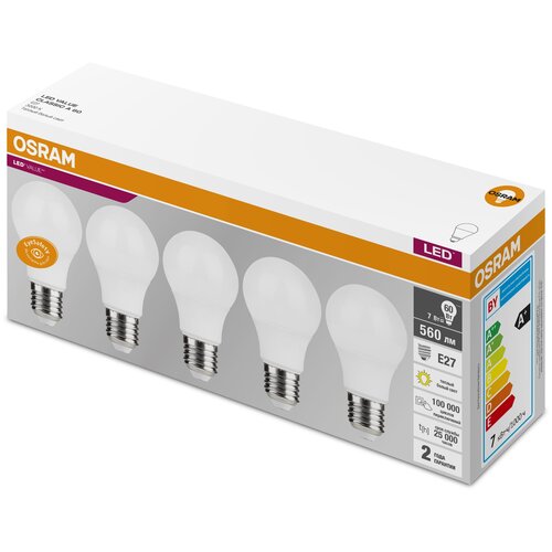 Упаковка светодиодных ламп 5 шт. OSRAM LED Value LVCLA60 7SW/830, E27, A60, 7 Вт, 3000 К