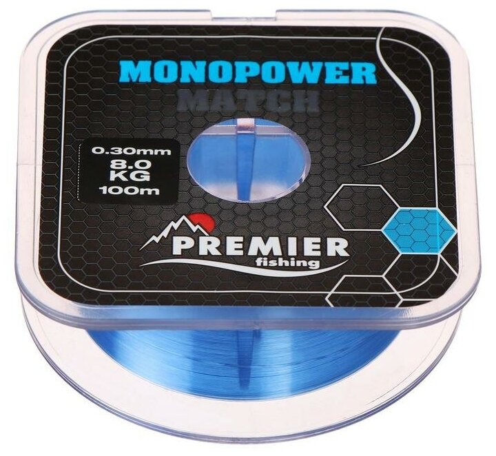 Леска Preмier fishing MONOPOWER мatch, диаметр 0.3 мм, тест 8 кг, 100 м, голубая