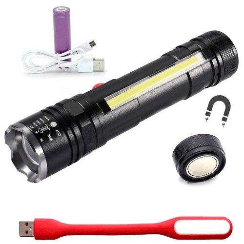 Фонарь аккумуляторный светодиодный с магнитным держателем мощный ручной + мини-лампа USB