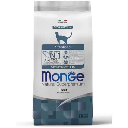 Сухой корм Monge Cat Speciality Line Monoprotein Sterilised для кошек, форель, 1,5 кг