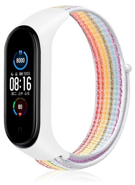 Ремешок нейлоновый для Xiaomi Mi Band 3/4/5/6/7 (9), бледно-радужный, на липучке