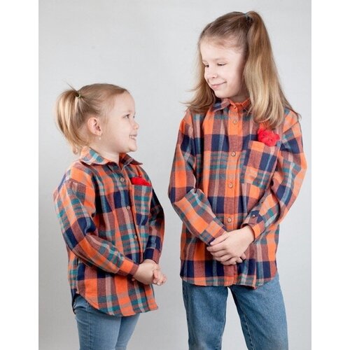 фото Школьная рубашка , прямой силуэт, на пуговицах, длинный рукав, карманыв клетку, размер 122-128, оранжевый forevaeva
