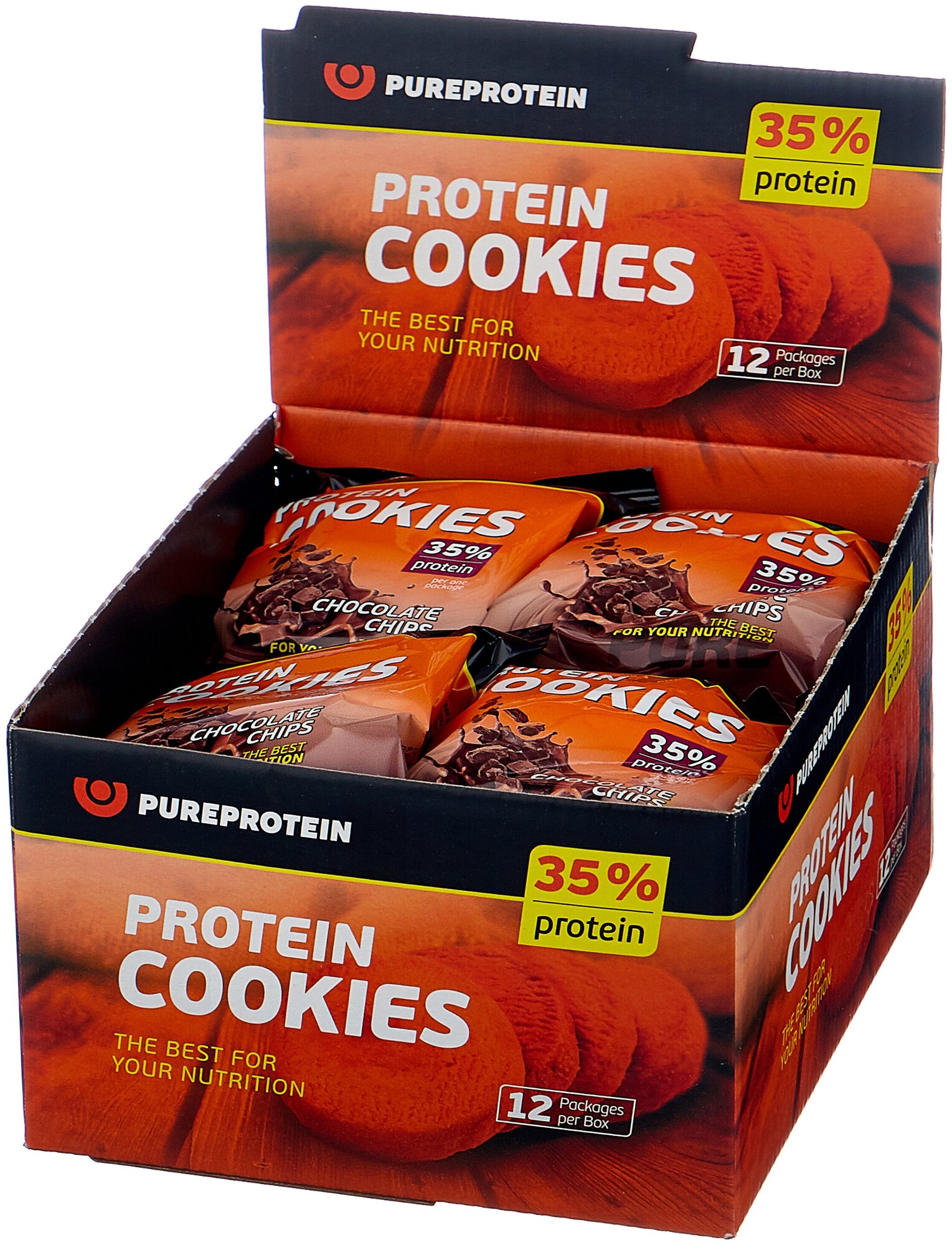Печенье PUREPROTEIN Pure Protein белковое высококалорийное (1 шоубокс - 12 уп. по 2 печенья),Шоколадное с кусочками шоколада 960г