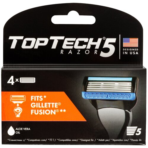 Сменные кассеты мужские TopTech Razor 5, США. Совместимы с Gillette Fusion*. 4шт