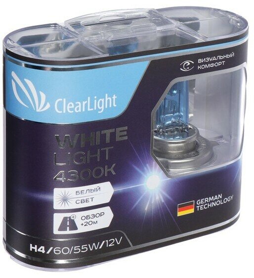 Лампа автомобильная Clearlight WhiteLight, H4, 12 В, 60/55 Вт, набор 2 шт