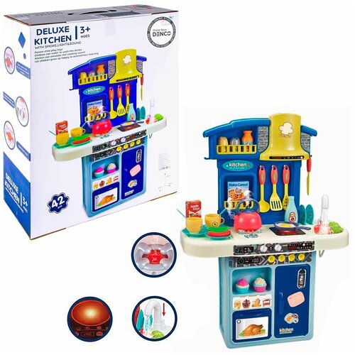 Детская интерактивная кухня Deluxe Kitchen 63 см, 42 предмета / вода, пар, свет / Синяя