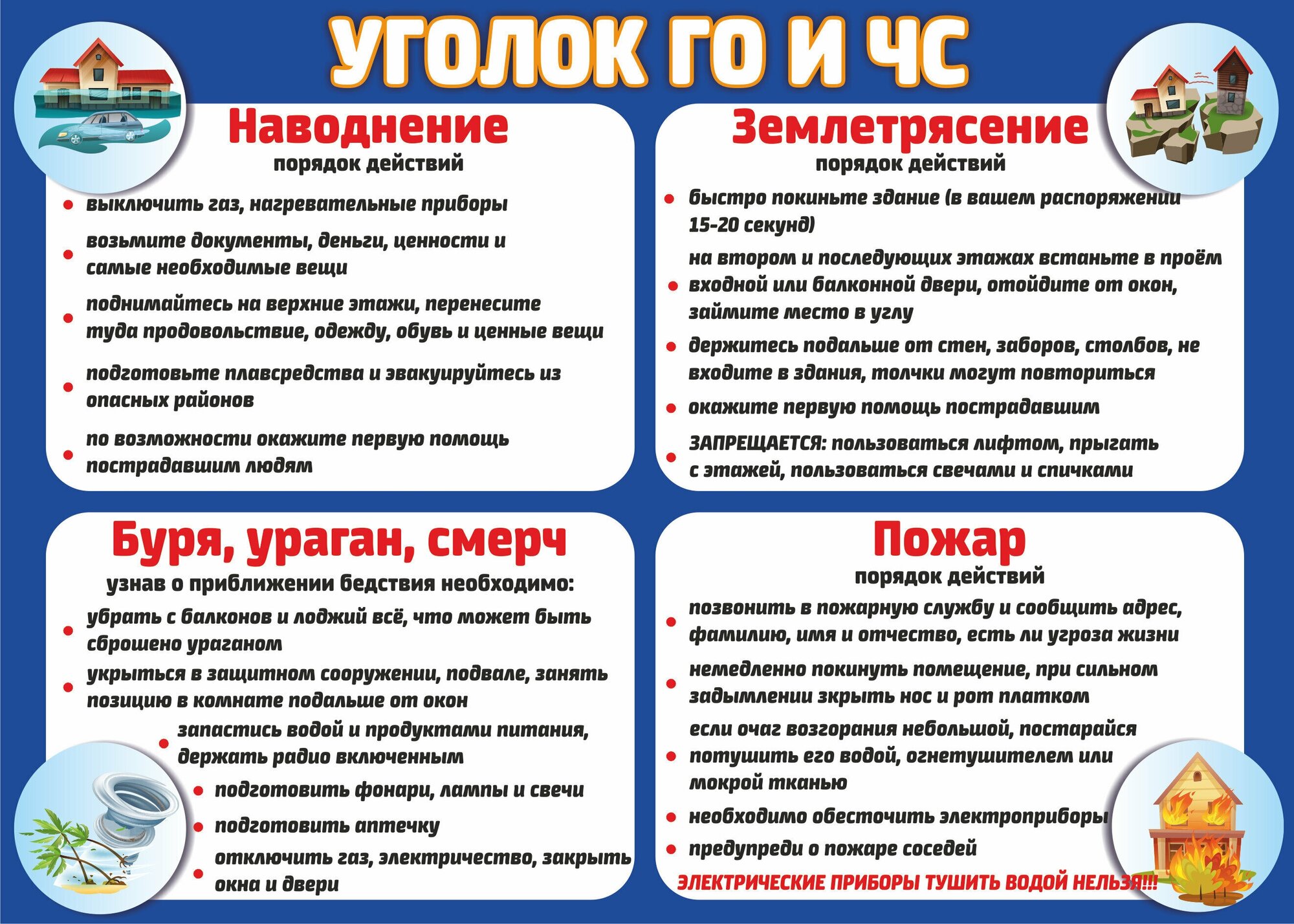 Стенд для школы и детского сада Действия при ЧС "Уголок ГО и ЧС" 50*70см