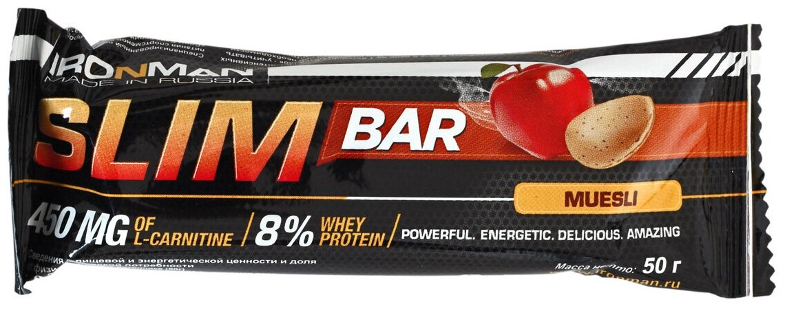 Батончик IRONMAN Slim Bar с L-карнитином, 50 г (Мюсли / белая глазурь)