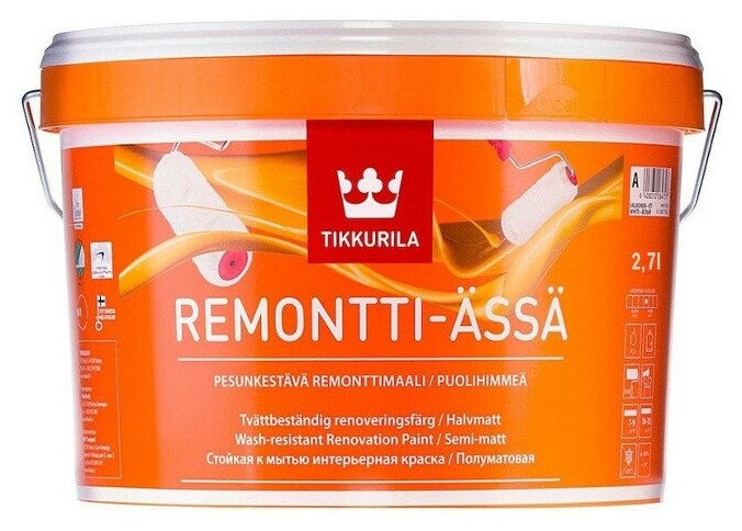 Краска Tikkurila Remontti-Assa влагостойкая моющаяся полуматовая белый 2.7 л