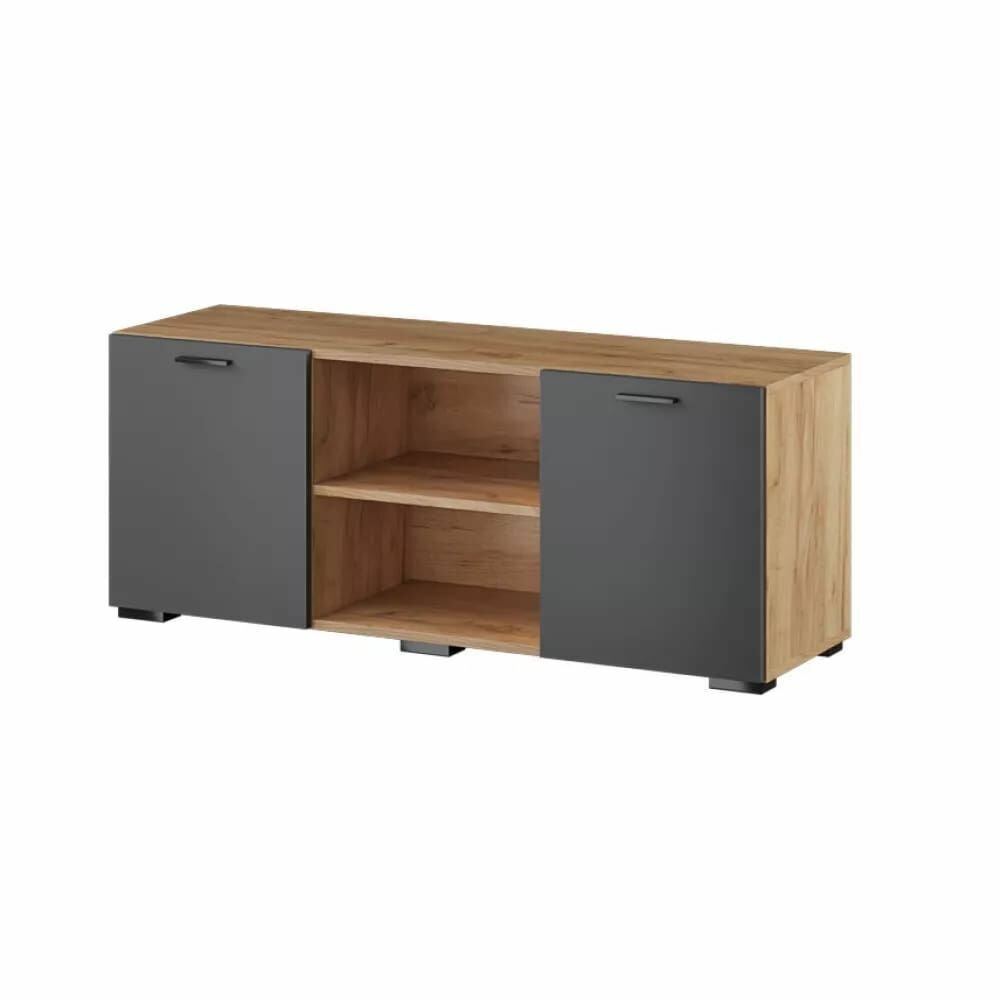 фото Тумба ТВ Дублин, Гикори Рокфорд натуральный/Графит Серый, ЛДСП, с открытыми и закрытыми полками, для гостиной, спальни, 484х1200х376, тэкс