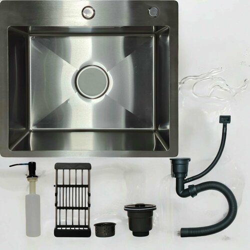 Мойка из нержавеющей стали VERMON черная 50x50 с каландром, дозатором и сифоном