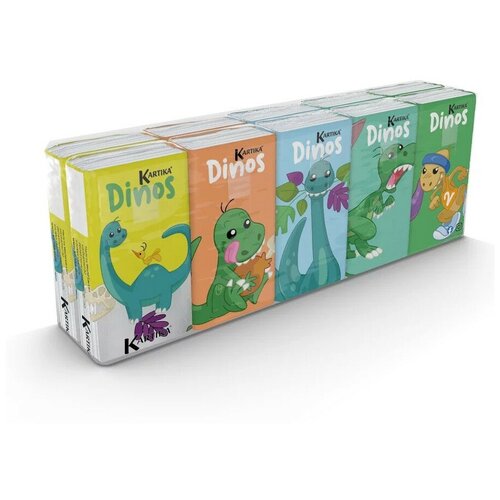 Бумажные платочки Динозавры 4-х слойные, 10 пачек, 9 листов, 21х21 см, World Cart