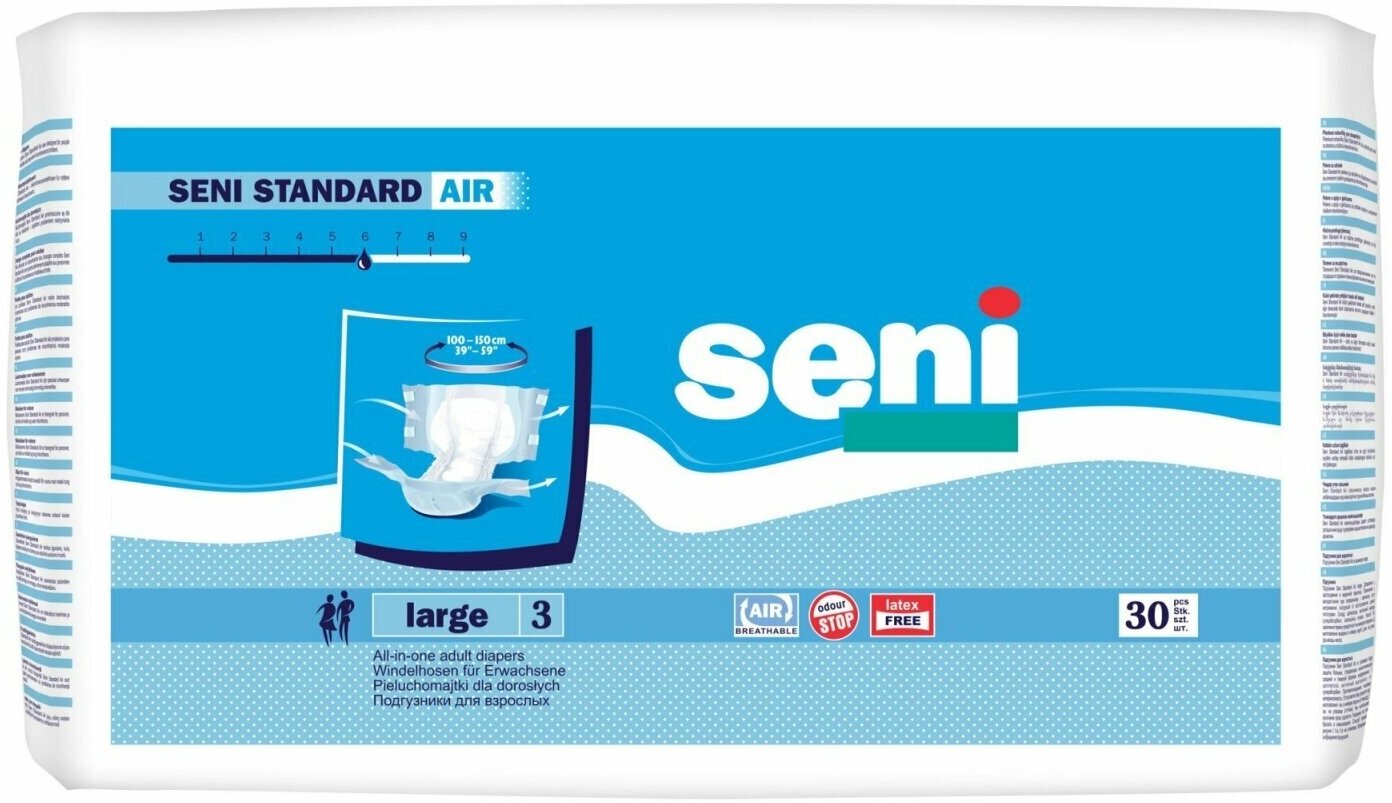 Подгузники для взрослых Seni Standart Air L (3), обхват 100-150 см, 6 капель, 30 шт.