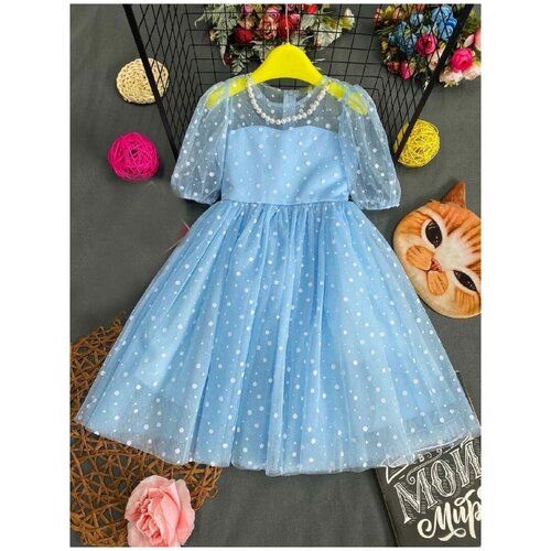 фото Платье нарядное, в горошек, размер 128/134, голубой kids princess