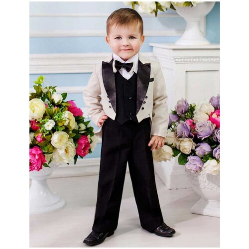Костюм фрак Лиола для мальчика 4 предмета (пиджак, брюки, жилетка, бабочка), цвет молочный с черным, размер 152
