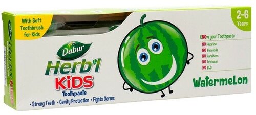 Зубные щётки Dabur Детская зубная паста в комплекте с зубной щеткой Kids Strawberry со вкусом арбуза, 50 гр