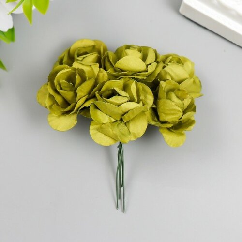 Цветы для декорирования Чайные розы 1 букет-6 цветов 9,5 см оливковый 1 шт.