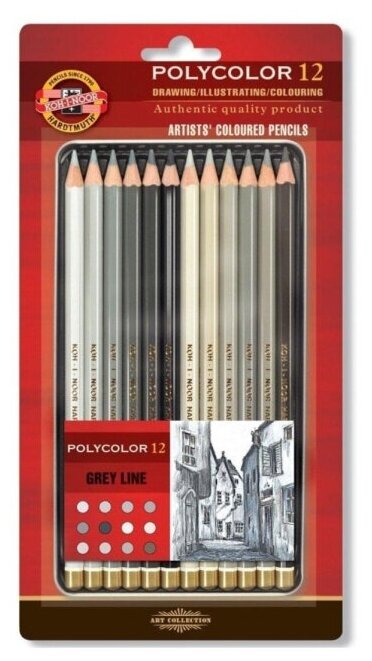 Карандаши цветные худож POLYCOLOR серые цвета 12цв/наб мет. кор 3822012013BL