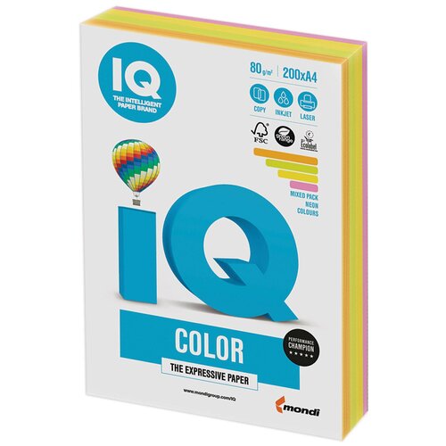 Бумага цветная IQ color, А4, 80 г/м2, 200 л, (4 цвета x 50 листов), микс неон, RB04