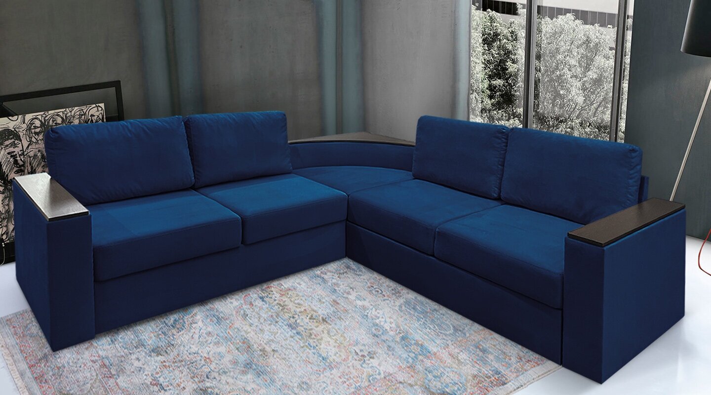Угловой диван Фоборг с полкой и деревянными подлокотниками 237х237х86 см, синий велюр