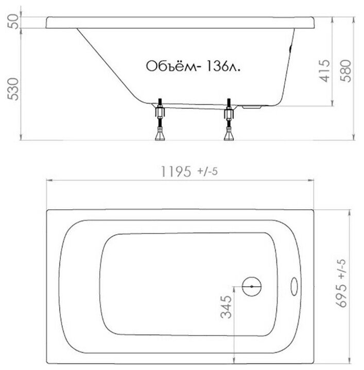 Акриловая ванна Triton Стандарт 120x70 с ножками (Н0000099325, Щ0000029976)