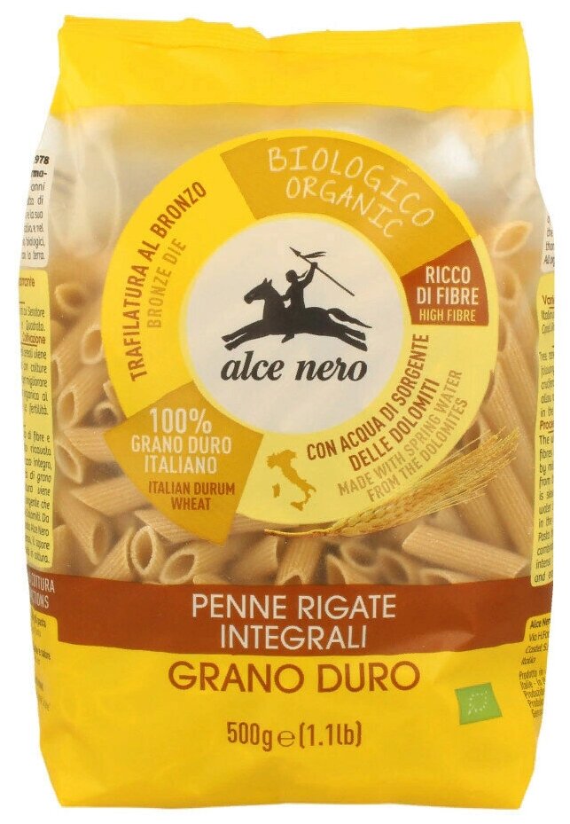 Alce Nero пенне ригате БИО макаронные изделия из цельнозерновой пшеницы твердых сортов, полимерный пакет 500 г